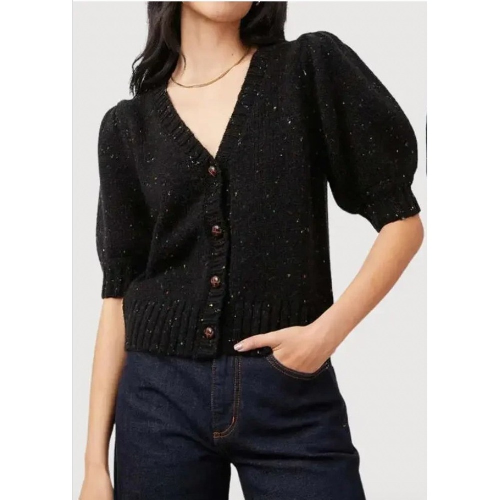 RAILS Cardigan Isla Puff Sleeve Wool Blend Confetti Black Size XS